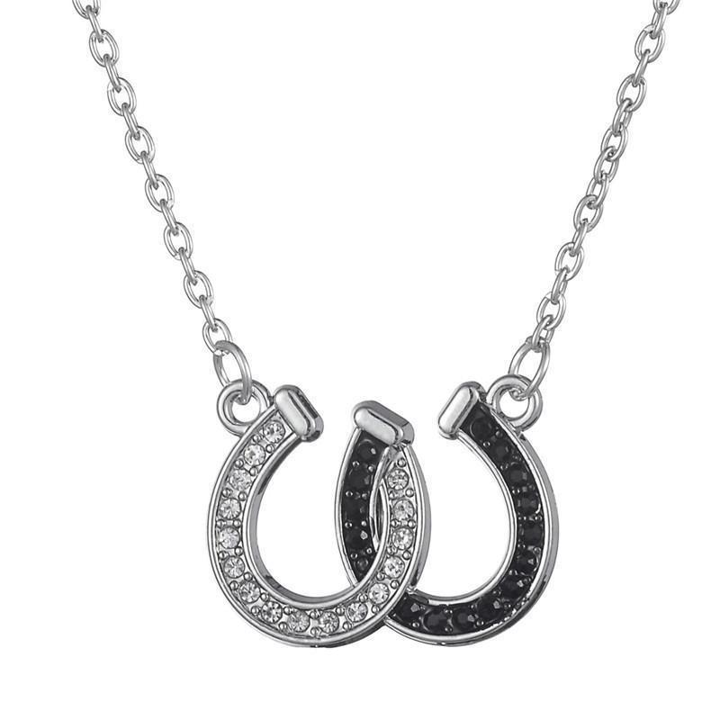 1 Piece Lucky Rhinestone Double Horse Hoof Horseshoe Pendant Necklace Jewellery Black White