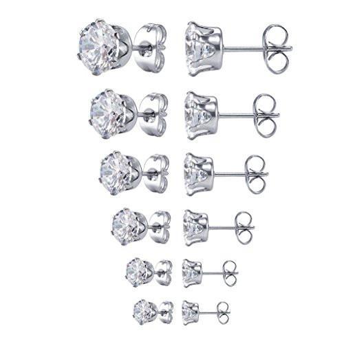 Jstyle Jewelry Women's Stainless Steel Round Clear Cubic Zirconia Stud Earring (6 Pairs)