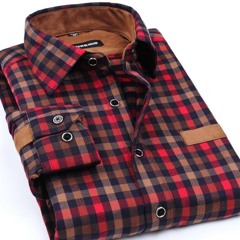 Port&Lotus Men Shirt Long Sleeve Plaid Patchwork Asian size Casual Thicken Shirts camisa masculina chemise homme148 men clothing